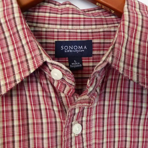 SONOMA BRAND RED BROWN WHITE PLAID BUTTON DOWN SHIRT (PRE-OWNED) LARGE - Picture 3 of 7